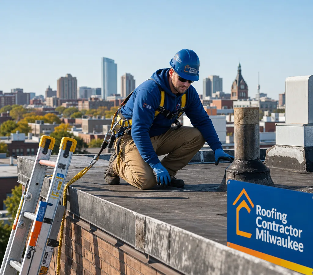 Roofer inspecting penetrations and flashing on a Milwaukee building roofline with safety equipment visible