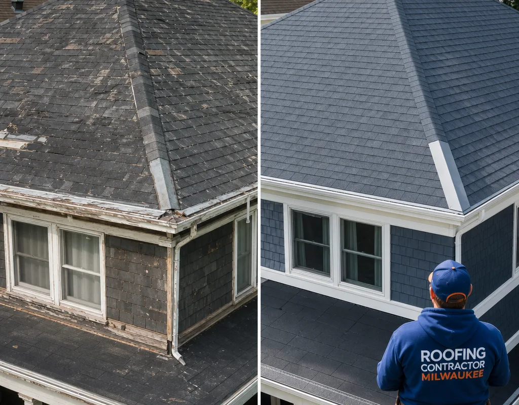 Before and after of a Milwaukee home with new architectural shingles and integrated flashing