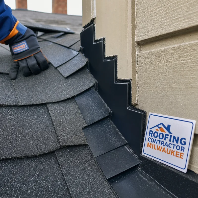Correctly installed step flashing and counterflashing on a Milwaukee home