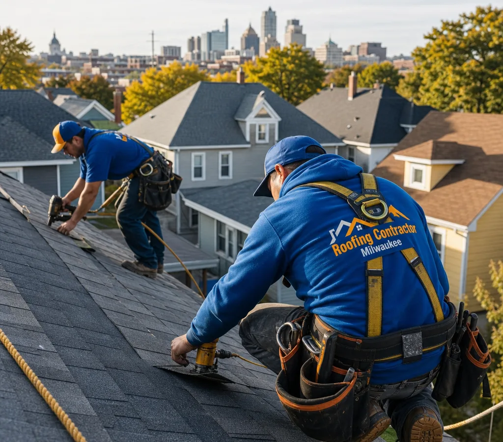 Milwaukee roofing crew installing architectural asphalt shingles with fall protection