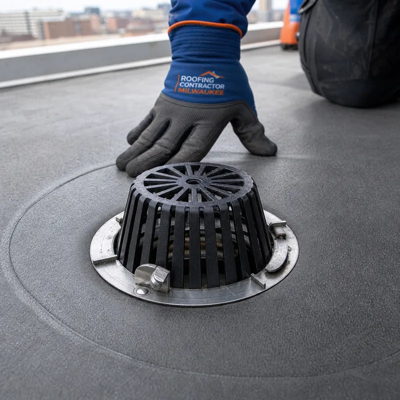 Commercial roof drain cleared of debris with its clamping ring and seated membrane visible
