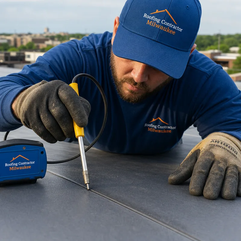 Welded single-ply flat roof seam being checked with a probe