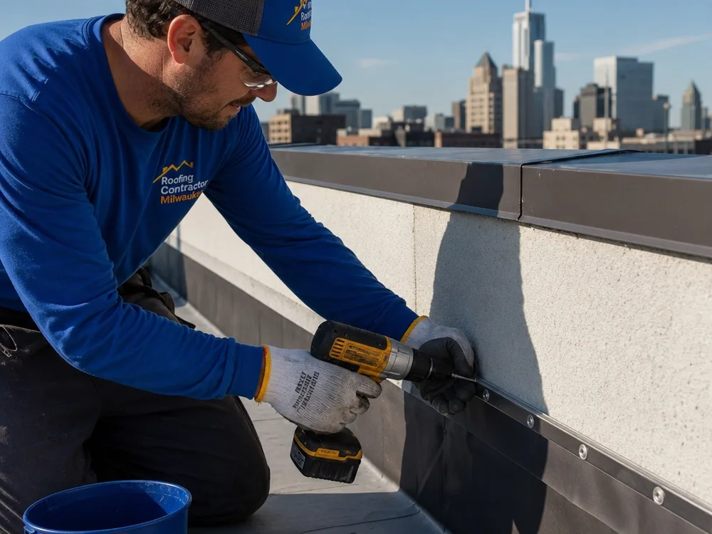 Commercial membrane flashing terminated at a parapet wall with metal coping and a sealed termination bar