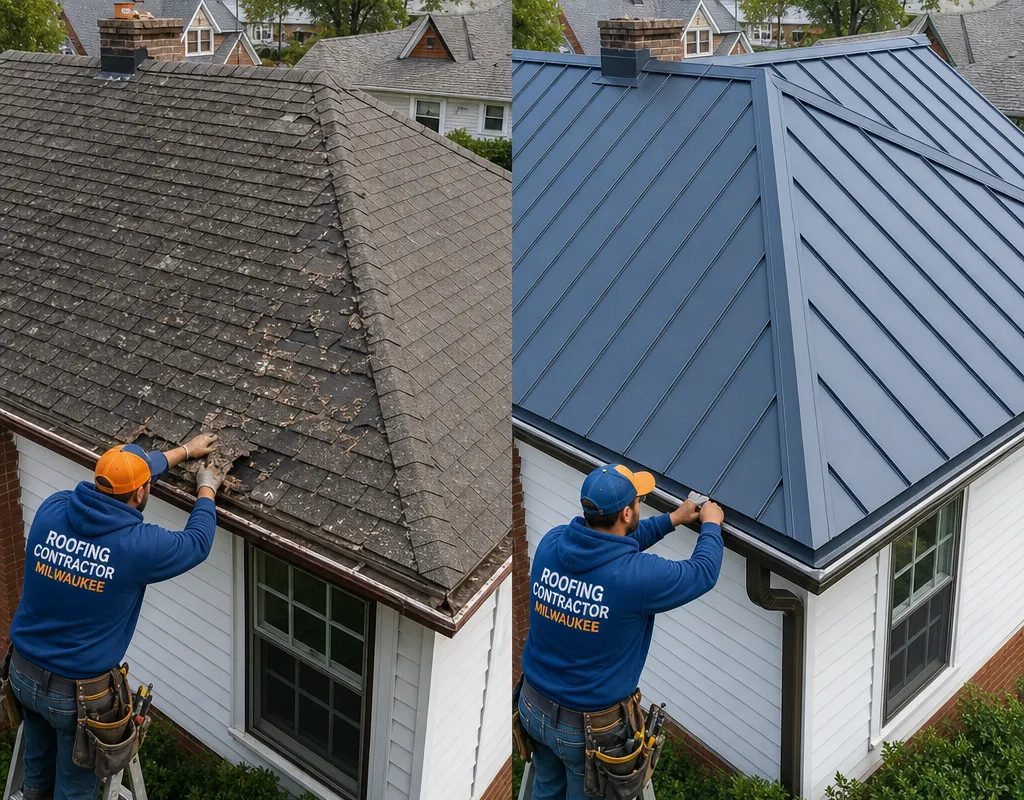 Before-and-after comparison of an aging shingle roof and the same roof replaced with a finished metal roofing system