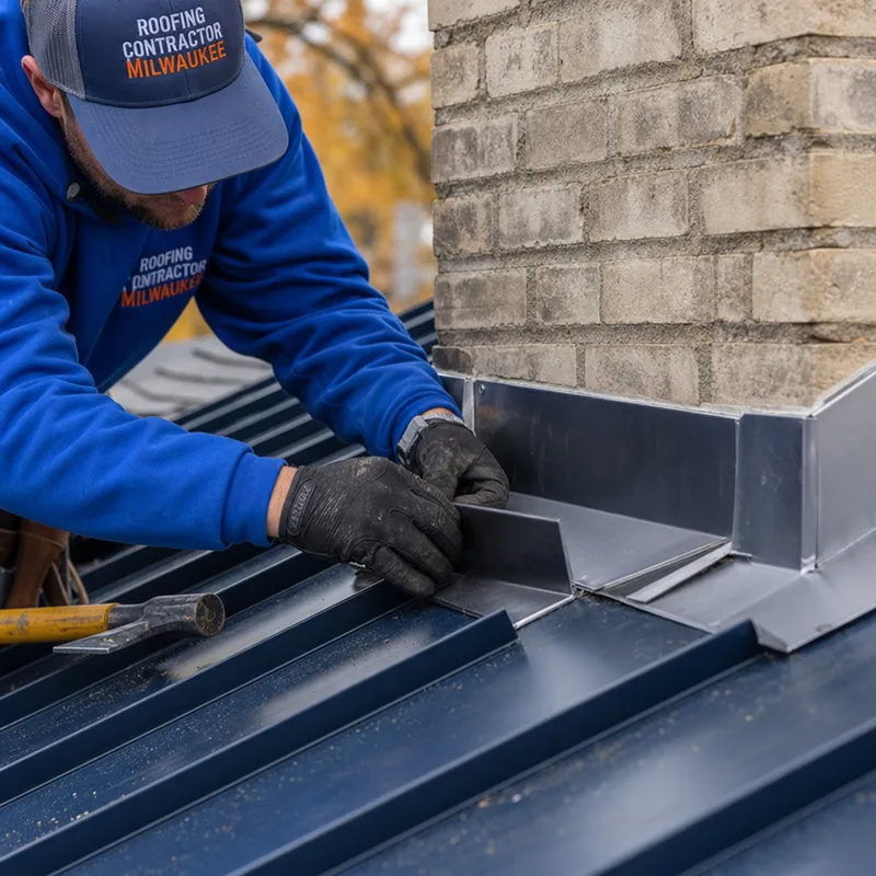 Metal roof chimney sidewall detail with integrated step flashing and counterflashing against masonry