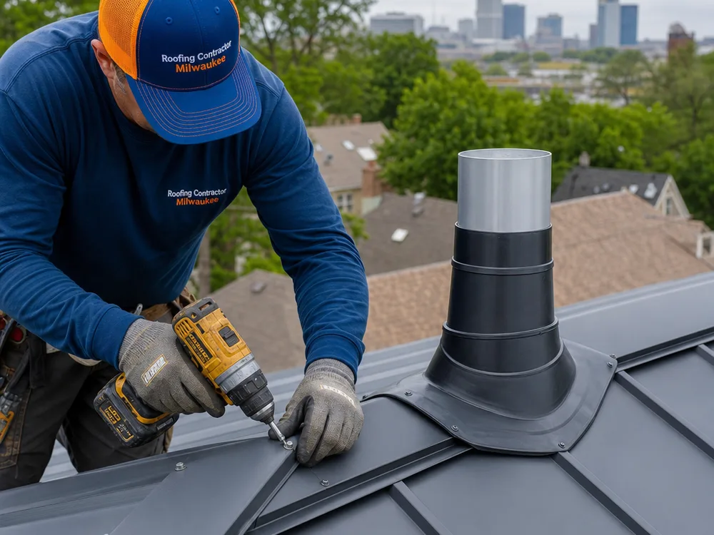 Close-up of standing seam panels, a finished ridge cap, and correctly installed pipe boot flashing on a metal roof