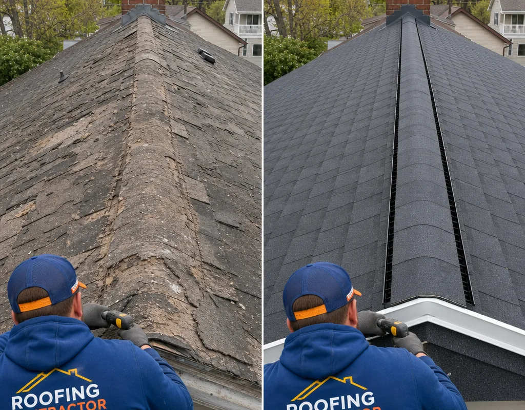 Before-and-after comparison of a worn shingle roof replaced with new shingles, drip edge, and improved ridge ventilation