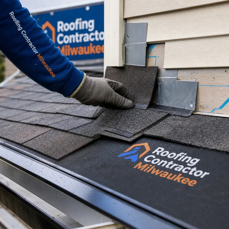 Roof replacement details showing ice-and-water membrane, metal drip edge, starter course, and step flashing at a sidewall