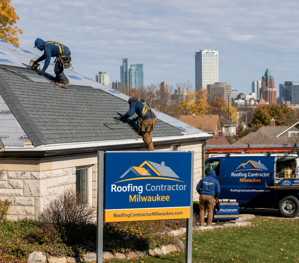 Residential roof replacement in Milwaukee with a crew installing architectural asphalt shingles, ice-and-water underlayment, and a clean site setup