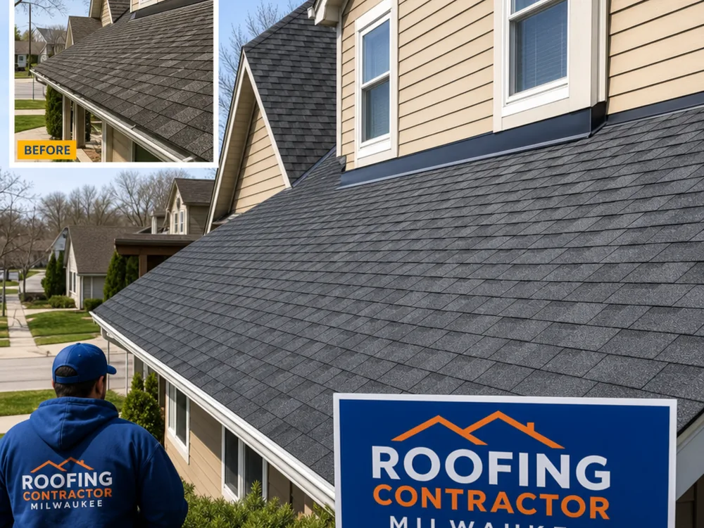 Finished Milwaukee home with new architectural shingles, straight courses, clean ridge cap, and corrected sidewall flashing