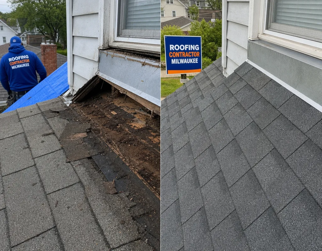 Before-and-after view of damaged shingles and a matched repair with corrected flashing