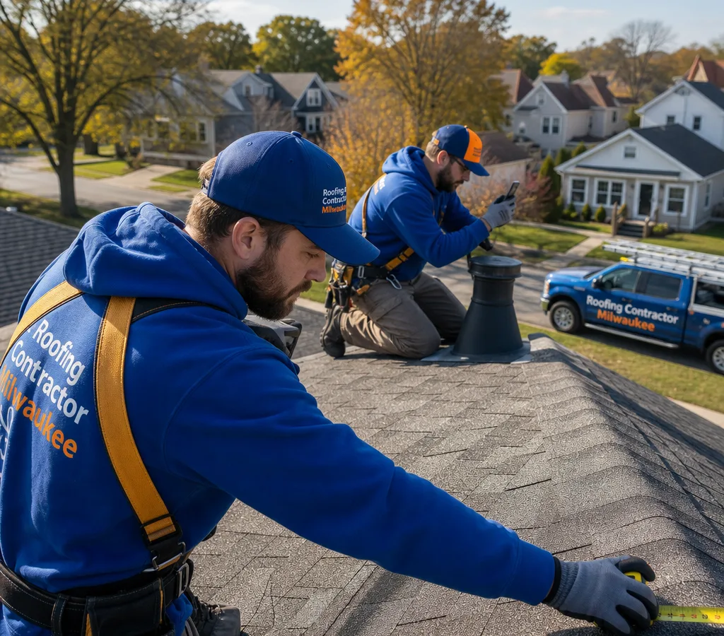 Roofing crew measuring a Milwaukee-area shingle roof and documenting flashing and vents