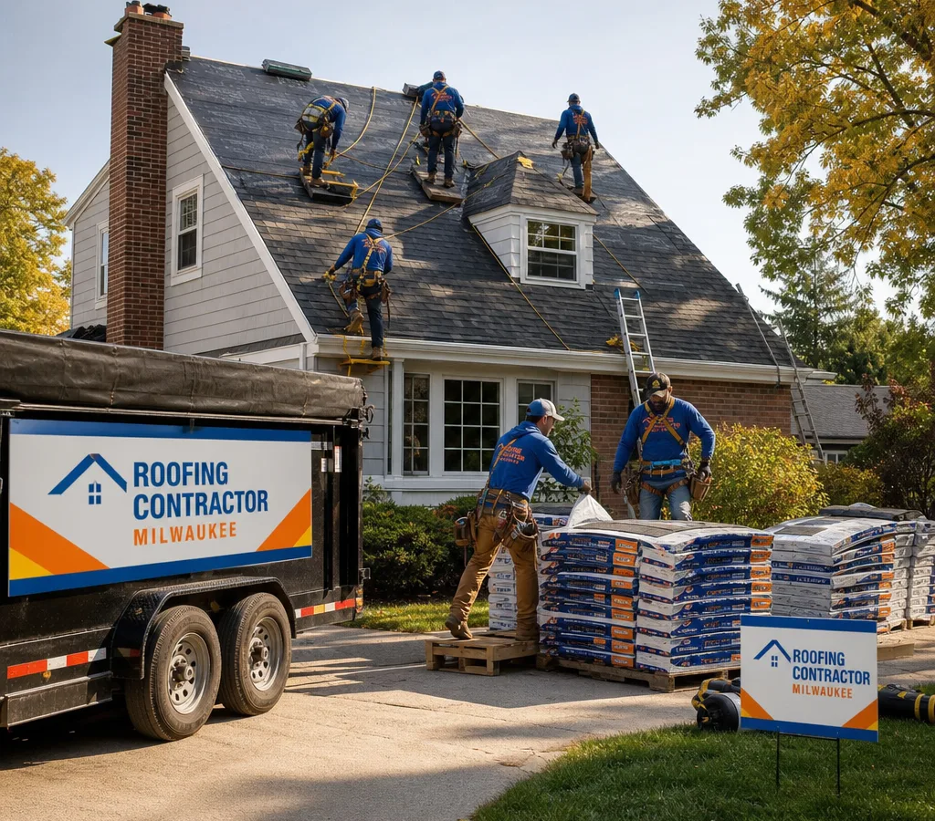 Milwaukee roofing crew installing asphalt shingles with roof jacks, fall protection, clean driveway staging, and a protected yard