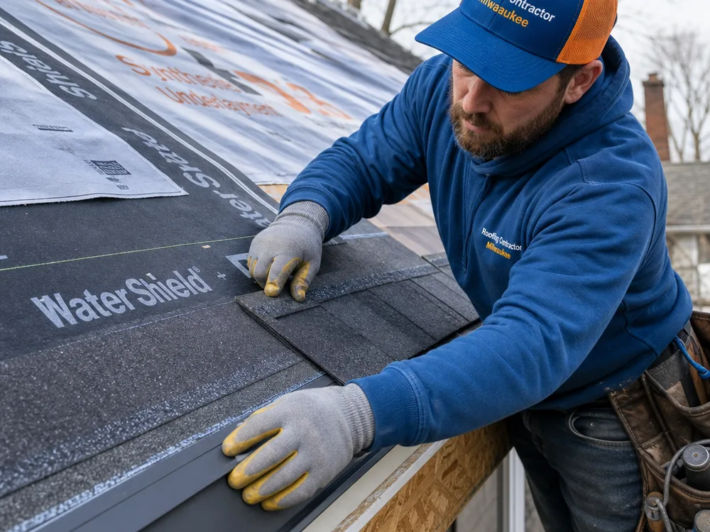 Residential roof eave showing ice-and-water membrane, underlayment, drip edge, starter strip, and the first shingle course