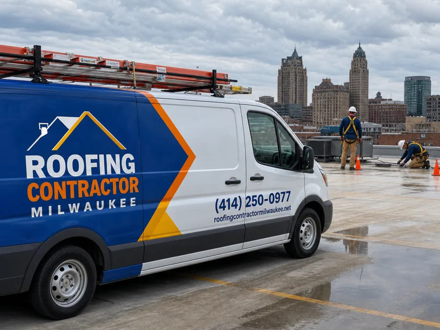 Crew inspecting seams, penetrations, and drainage on a Milwaukee commercial roof