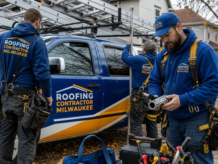 Roofing Contractor Milwaukee crew preparing ladders and inspection tools beside a service vehicle